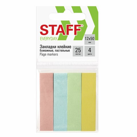 Закладки клейкие пастельные STAFF бумажные, 50х12 мм, 100 штук (4 цвета х 25 листов), европодвес, 127147 127147
