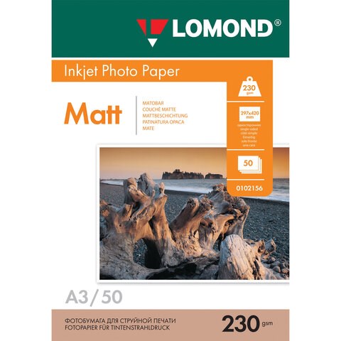 Фотобумага матовая БОЛЬШОГО ФОРМАТА, A3, 230 г/м2, односторонняя, 50 листов, LOMOND, 0102156 362758
