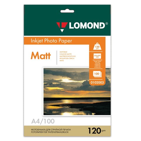 Фотобумага матовая, А4, 120 г/м2, односторонняя, 100 листов, LOMOND, 0102003 360333