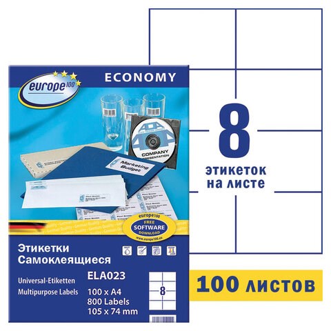 Этикетка самоклеящаяся 105х74 мм, 8 этикеток, белая, 70 г/м2, 100 л., Avery, Европа-100, ELA023 114305