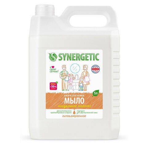 Мыло жидкое 5 л SYNERGETIC "Миндальное молочко", гипоаллергенное, биоразлагаемое, 105506 605553