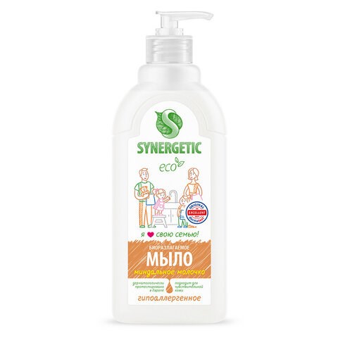 Мыло жидкое 500 мл SYNERGETIC "Миндальное молочко", гипоаллергенное, биоразлагаемое, дозатор, 105058 608028