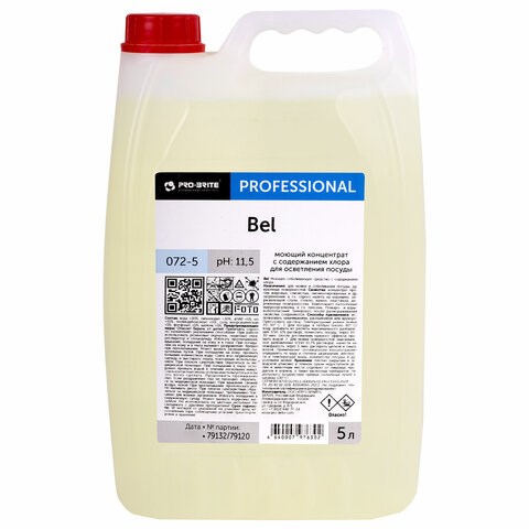 Средство для мытья посуды, 5 л, PRO-BRITE BEL, с хлором, отбеливание, концентрат, 072-5 609525