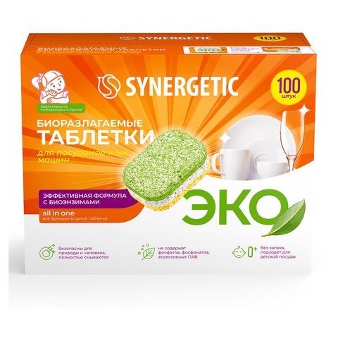 Таблетки для посудомоечных машин 100 шт. SYNERGETIC, биоразлагаемые, бесфосфатные, 102100 608262