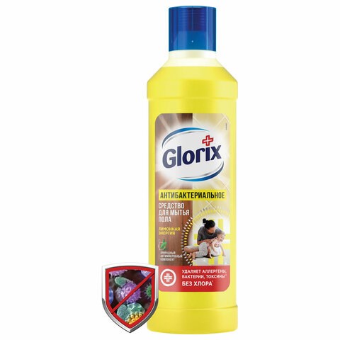 Средство для мытья пола дезинфицирующее 1 л GLORIX (Глорикс) "Лимонная Энергия", без хлора, 8677296 600952