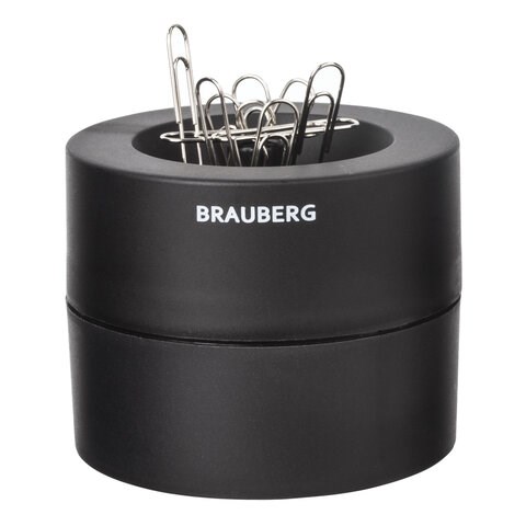 Скрепочница магнитная BRAUBERG с 30 скрепками, большой бочонок, черная, 225191 225191