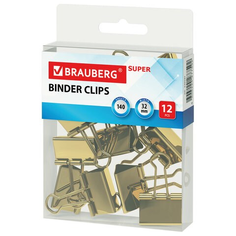 Зажимы для бумаг BRAUBERG EXTRA, КОМПЛЕКТ 12 шт., 32 мм, на 140 л., золотистые, европодвес, 229587 229587