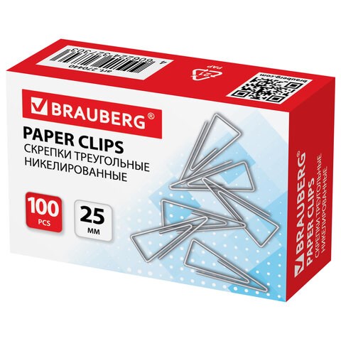 Скрепки BRAUBERG, 25 мм, никелированные, треугольные, 100 шт., в картонной коробке, 270440 270440