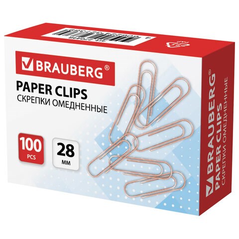 Скрепки BRAUBERG, 28 мм, омедненные, 100 шт., в картонной коробке, 270448 270448
