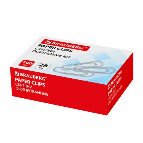 Скрепки BRAUBERG, 28 мм, оцинкованные, 100 шт., в картонной коробке, 227583 227583