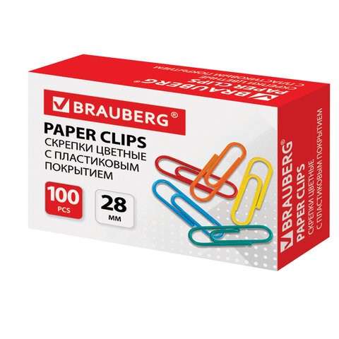 Скрепки BRAUBERG, 28 мм, цветные, 100 шт., в картонной коробке, Россия, 220555 220555