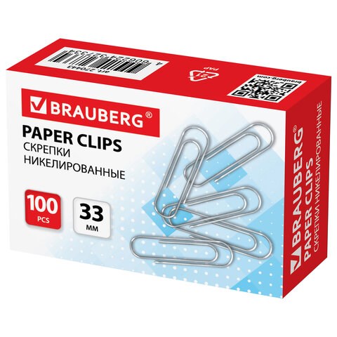 Скрепки BRAUBERG, 33 мм, никелированные, 100 шт., в картонной коробке, 270443 270443