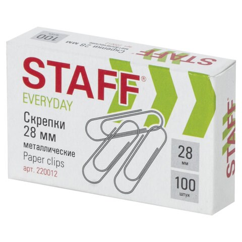 Скрепки STAFF "EVERYDAY", 28 мм, металлические, 100 шт., в картонной коробке, Россия, 220012 220012