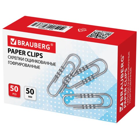 Скрепки большие 50 мм, BRAUBERG, оцинкованные, гофрированные, 50 шт., в картонной коробке, 270446 270446
