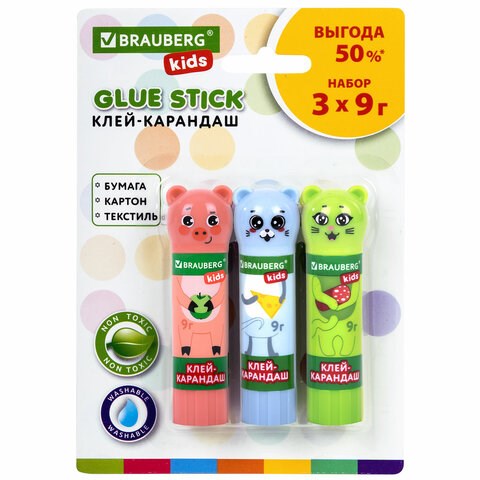 Клей-карандаш "Зверята: кошка, мышка, хрюшка", 9 г, фигурный колпачок, 3 шт./блистер, BRAUBERG KIDS, 271141 271141