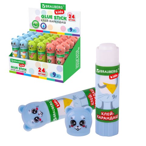 Клей-карандаш "Зверята: кошка, мышка, хрюшка", 9 г, фигурный колпачок, BRAUBERG KIDS, 271138 271138