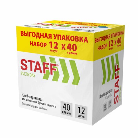 Клей-карандаш 40 г, ВЫГОДНАЯ УПАКОВКА, КОМПЛЕКТ 12 ШТУК, STAFF EVERYDAY, 273019 273019