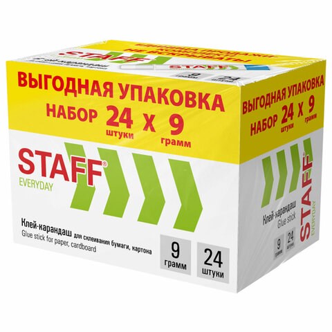 Клей-карандаш 9 г, ВЫГОДНАЯ УПАКОВКА, КОМПЛЕКТ 24 ШТУКИ, STAFF EVERYDAY, 273016 273016