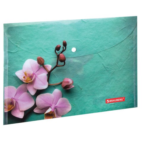 Папка-конверт с кнопкой BRAUBERG "FLOWER", А4, 160 мкм, до 100 листов, цветная печать, 228031 228031
