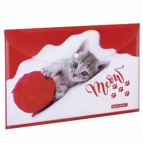 Папка-конверт с кнопкой BRAUBERG "FUNNY CAT", А4, 160 мкм, цветная печать, 228038 228038