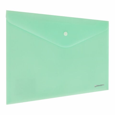 Папка-конверт с кнопкой BRAUBERG "Pastel", А4, матовая непрозрачная, мятная, ПРОЧНАЯ 0,2 мм, 272883 272883