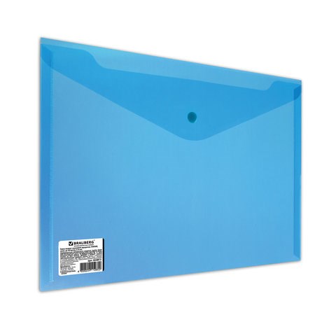 Папка-конверт с кнопкой BRAUBERG, А4, до 100 листов, прозрачная, синяя, СВЕРХПРОЧНАЯ 0,18 мм, 224813 224813