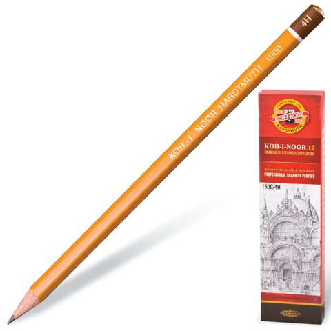 Карандаш чернографитный KOH-I-NOOR 1500, 1 шт., 4H, корпус желтый, заточенный, 150004H01170 180479