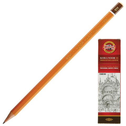 Карандаш чернографитный KOH-I-NOOR 1500, 1 шт., 9H, корпус желтый, заточенный, 150009H01170 180488