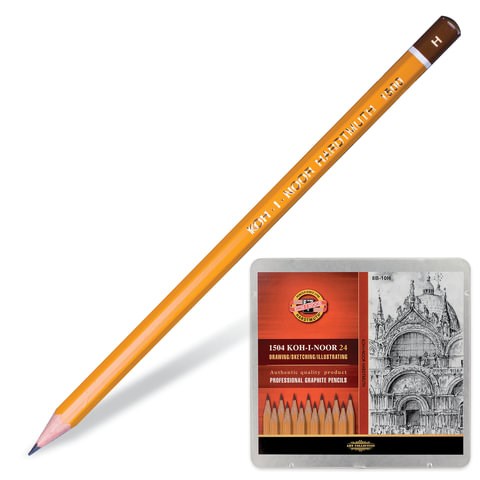 Карандаши чернографитные KOH-I-NOOR 1500, НАБОР 24 шт., 8В-10H, без резинки, металлическая коробка, 1504024001PL 181070
