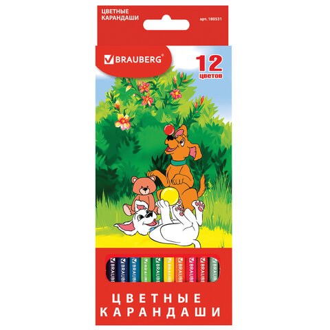 Карандаши цветные BRAUBERG "My lovely dogs", 12 цветов, шестигранные, грифель 3 мм, натуральное дерево, 180531 180531