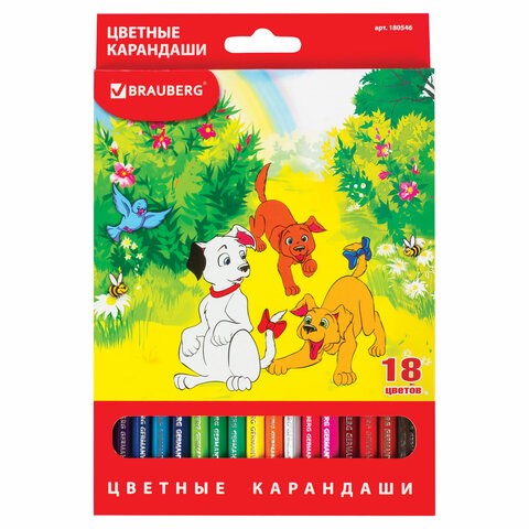 Карандаши цветные BRAUBERG "My lovely dogs", 18 цветов, шестигранные, грифель 3 мм, натуральное дерево, 180546 180546