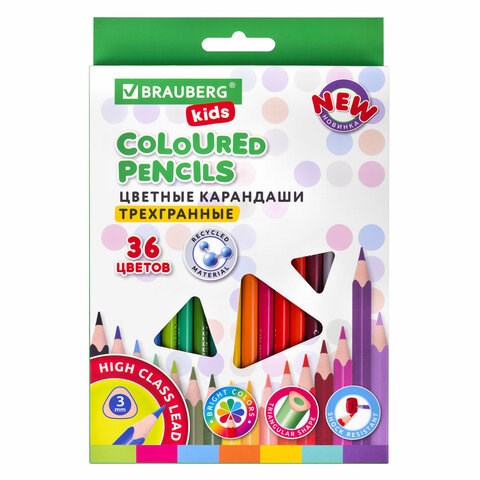 Карандаши цветные BRAUBERG KIDS NEW, 36 цветов, трехгранные, грифель 3 мм, 182003 182003