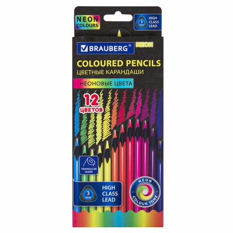 Карандаши цветные BRAUBERG NEON, 12 неоновых цветов, трехгранные, грифель 3 мм, черное дерево, 181852 181852