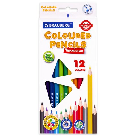 Карандаши цветные BRAUBERG PREMIUM, 12 цветов, трехгранные, грифель 3 мм, 181661 181661