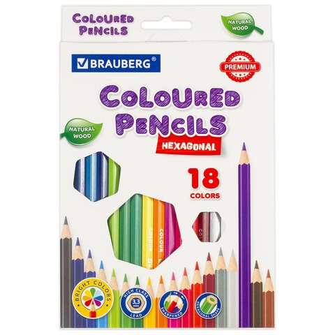 Карандаши цветные BRAUBERG PREMIUM, 18 цветов, шестигранные, грифель 3,3 мм, натуральное дерево, 181657 181657