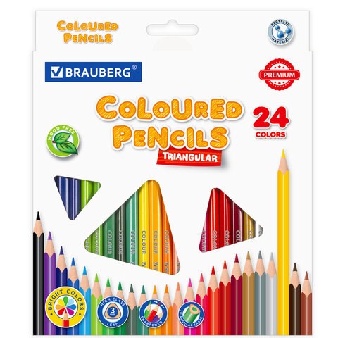 Карандаши цветные BRAUBERG PREMIUM, 24 цвета, трехгранные, грифель 3 мм, 181663 181663
