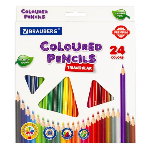 Карандаши цветные BRAUBERG PREMIUM, 24 цвета, трехгранные, грифель 3,3 мм, натуральное дерево, 181653 181653