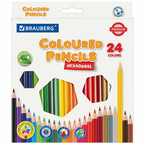 Карандаши цветные BRAUBERG PREMIUM, 24 цвета, шестигранные, грифель 3 мм, 181668 181668
