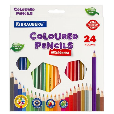 Карандаши цветные BRAUBERG PREMIUM, 24 цвета, шестигранные, грифель 3,3 мм, натуральное дерево, 181658 181658