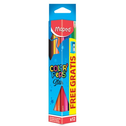Карандаши цветные MAPED (Франция) "Color'Peps Star", 12 цветов + ТОЧИЛКА, трехгранные, грифель 3 мм, натуральное дерево,183213 180770