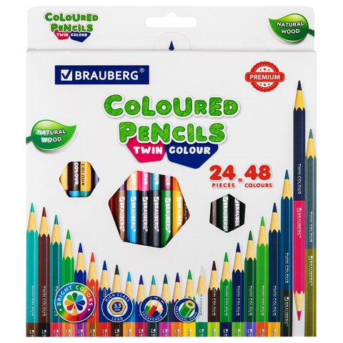 Карандаши цветные двусторонние BRAUBERG PREMIUM TWIN COLOUR, 24 штуки, 48 цветов, шестигранные, грифель 3,3 мм, натуральное дерево, 181875 181875
