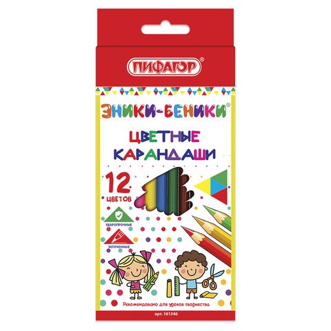 Карандаши цветные ПИФАГОР "ЭНИКИ-БЕНИКИ", 12 цветов, шестигранные, натуральное дерево, 181346 181346