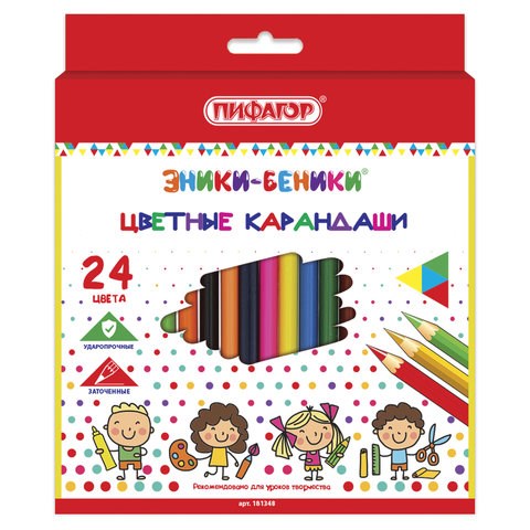 Карандаши цветные ПИФАГОР "ЭНИКИ-БЕНИКИ", 24 цвета, шестигранные, натуральное дерево, 181348 181348