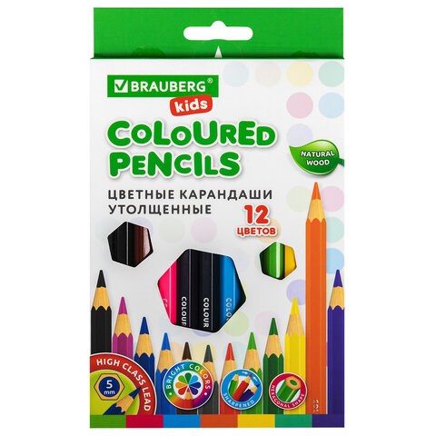 Карандаши цветные утолщенные BRAUBERG KIDS, 12 цветов, шестигранные, грифель 5 мм, натуральное дерево, 181878 181878