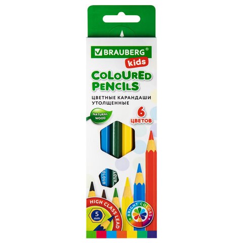 Карандаши цветные утолщенные BRAUBERG KIDS, 6 цветов, шестигранные, грифель 5 мм, натуральное дерево, 181877 181877