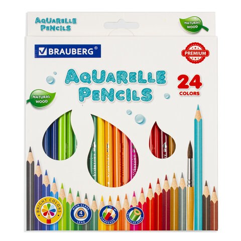 Карандаши цветные акварельные BRAUBERG PREMIUM AQUARELLE, 24 цвета, трехгранные, утолщенный грифель 4 мм, натуральное дерево, 181673 181673
