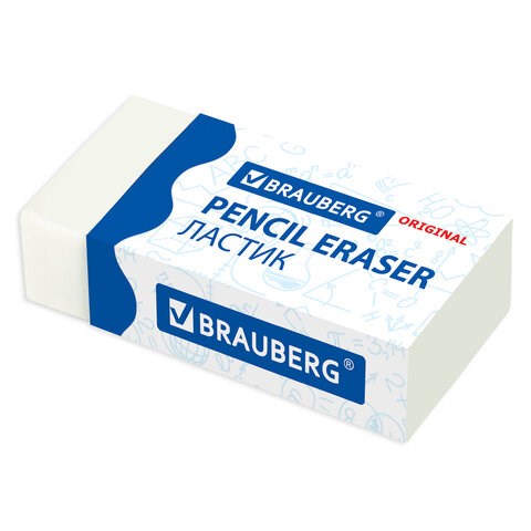 Ластик BRAUBERG "Original", 38х20х10 мм, белый, прямоугольный, картонный держатель, 228073 228073