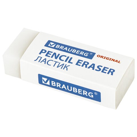 Ластик BRAUBERG "Original", 45х17х10 мм, белый, прямоугольный, экологичный ПВХ, картонный держатель, 228076 228076