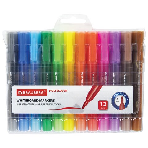 Маркеры стираемые для белой доски НАБОР 12 ЦВЕТОВ, BRAUBERG "MULTICOLOR", 3 мм, 152121 152121