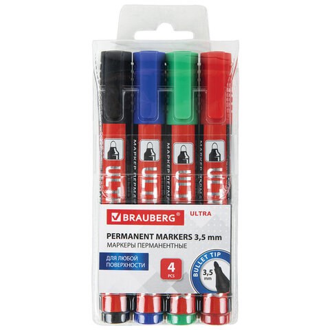 Маркеры перманентные BRAUBERG ULTRA MARKER, НАБОР 4 ЦВЕТА, круглый наконечник 3,5 мм, 152208 152208